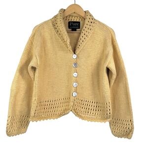 Pure Handknit Mustard Chunky Cotton knit cardigan 90s cottage‎ heavy weight sz M